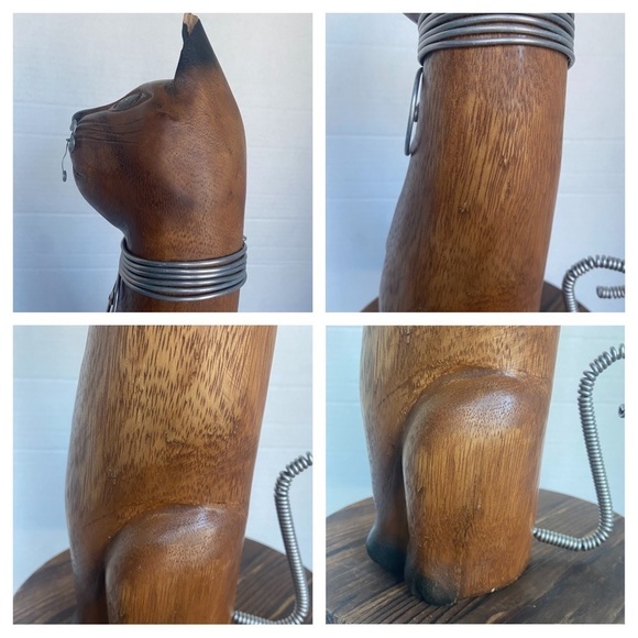 Siamese Cat Wood Statue Hand Carved Mixed    Media Wire Wrapped Art Figurine - Picture 9 of 15